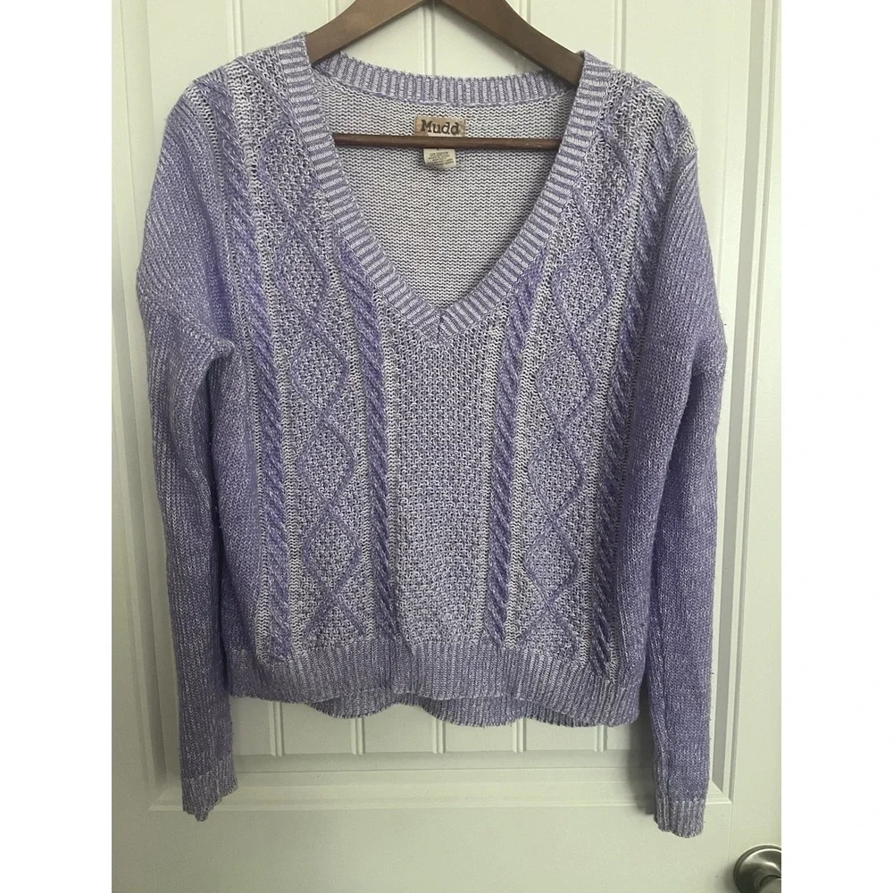 Mudd Vintage Y2K Purple V-neck cable-knit Sweater Women's Sz Large 425‎